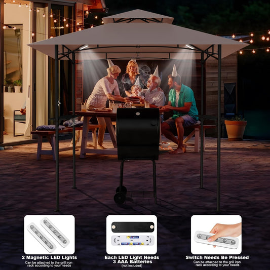 8x5FT Outdoor Patio Barbecue Gazebo Shelter with 2 LED Lights,