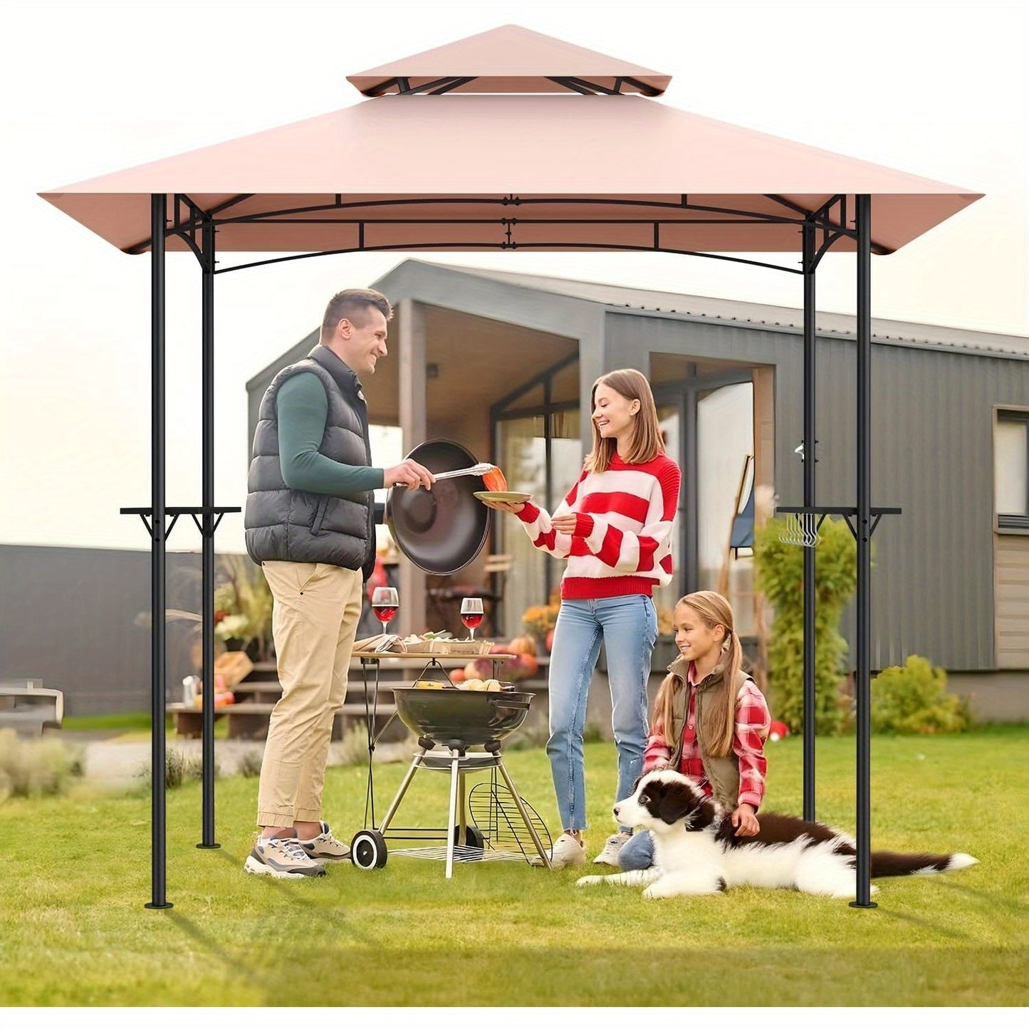 8x5FT Outdoor Patio Barbecue Gazebo Shelter with 2 LED Lights,