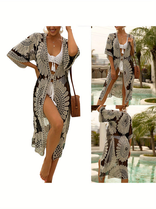 Long Crochet Kimono Swimsuit Cover Up