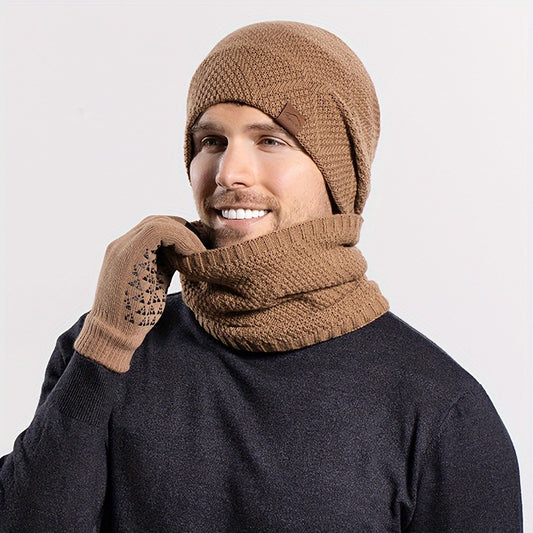 Men's outdoor 3 piece winter hat, gloves, scarf.