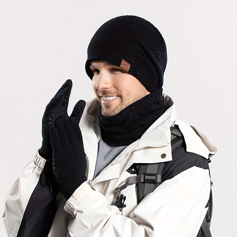 Men's outdoor 3 piece winter hat, gloves, scarf.