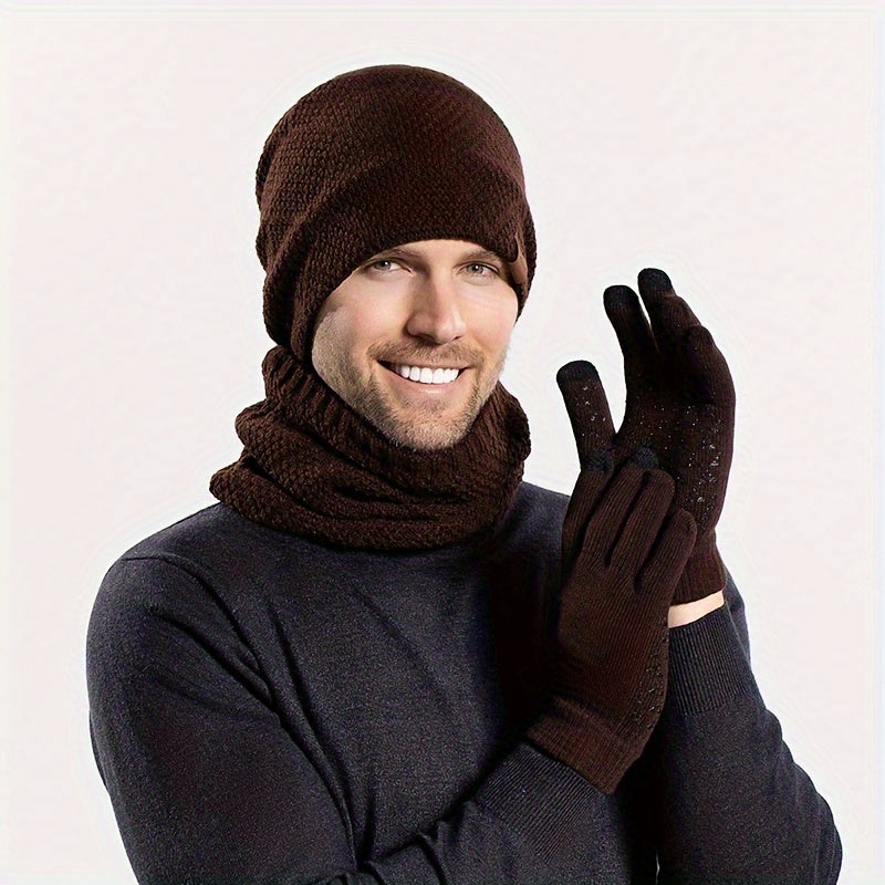 Men's outdoor 3 piece winter hat, gloves, scarf.