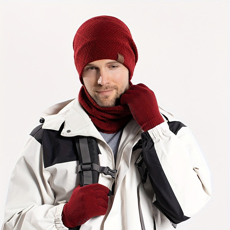 Men's outdoor 3 piece winter hat, gloves, scarf.