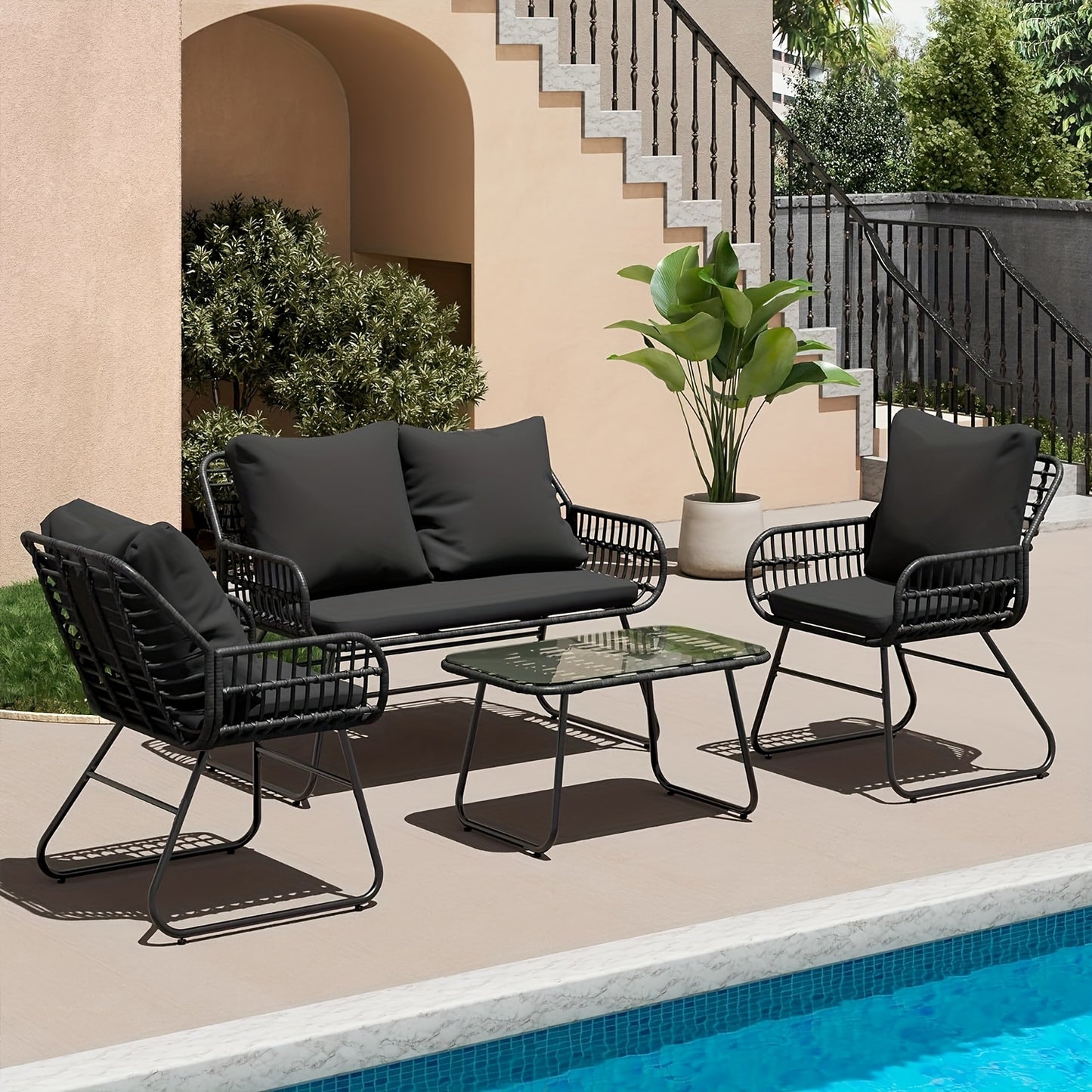4-Piece Rattan Patio Furniture All-Weather Loveseat, Chairs, And Table.