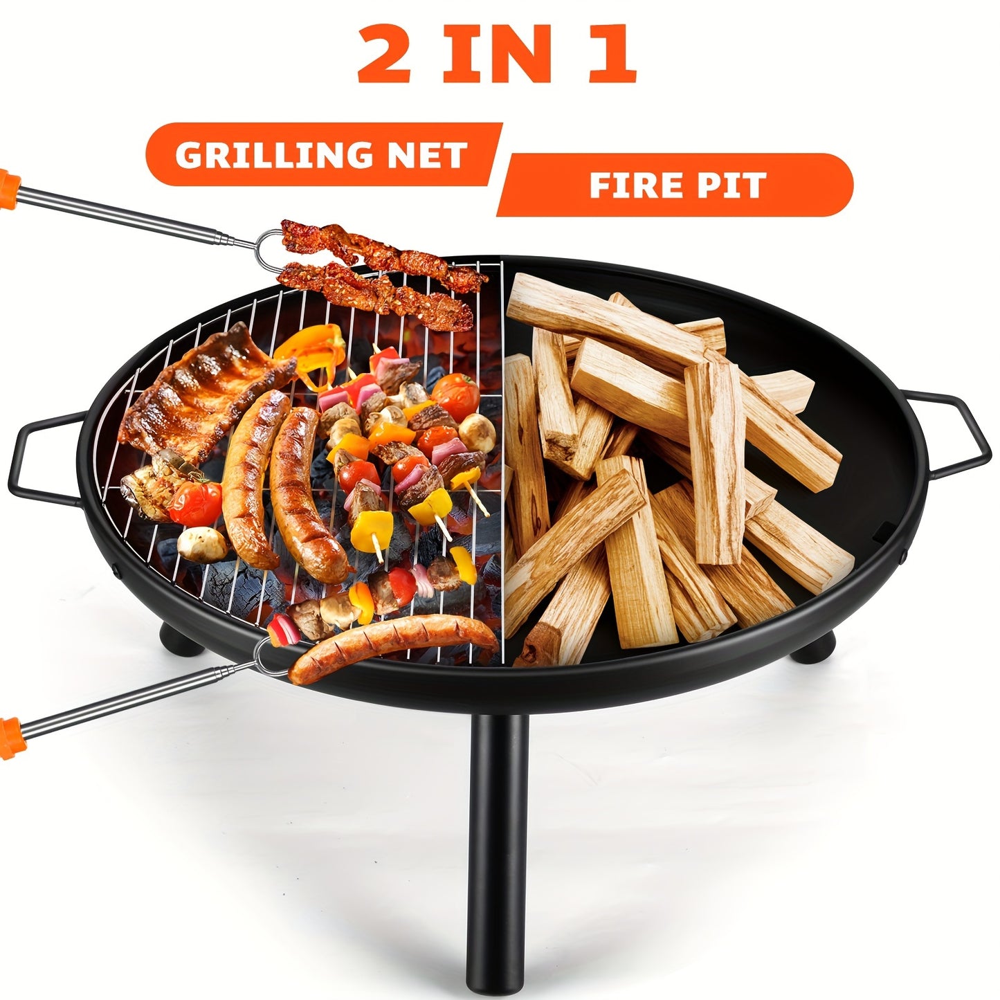 Steel Fire Bowl with Grill and 5 BBQ Skewers.