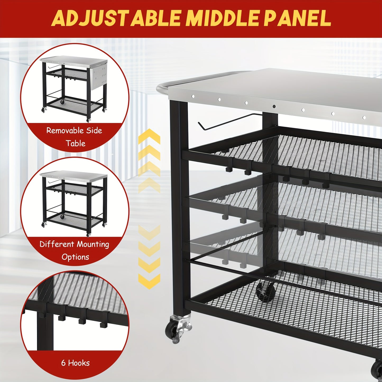 Outdoor Grill Cart Table W/ 4 Wheels, With Foldable Side Table.
