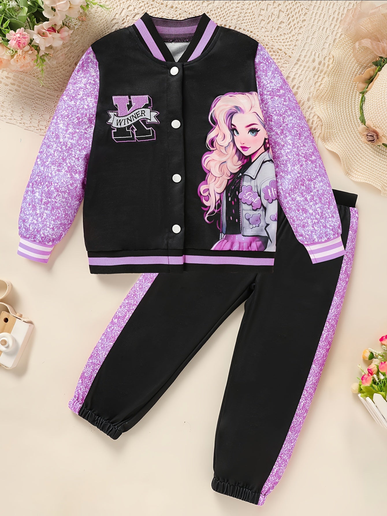 2-Piece Girl's Long Sleeve Baseball Jacket Pants Set.