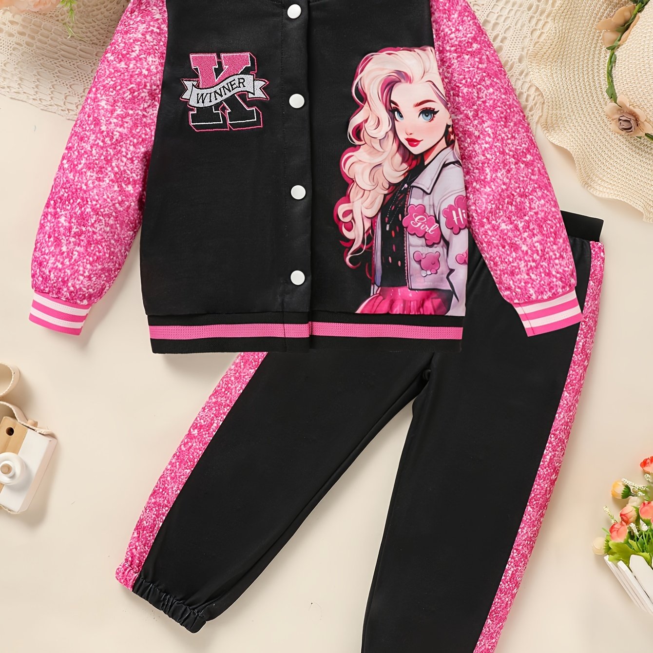 2-Piece Girl's Long Sleeve Baseball Jacket Pants Set.