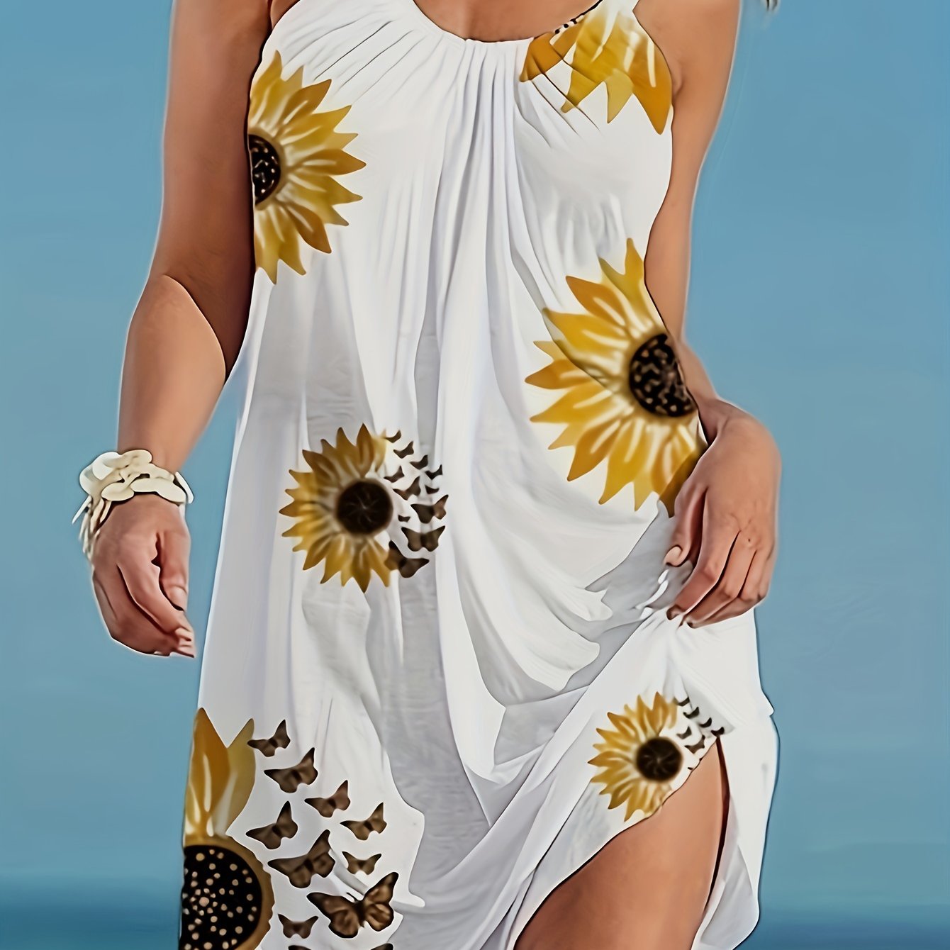 Women's Sunflower Print Cami Dress, For Summer.