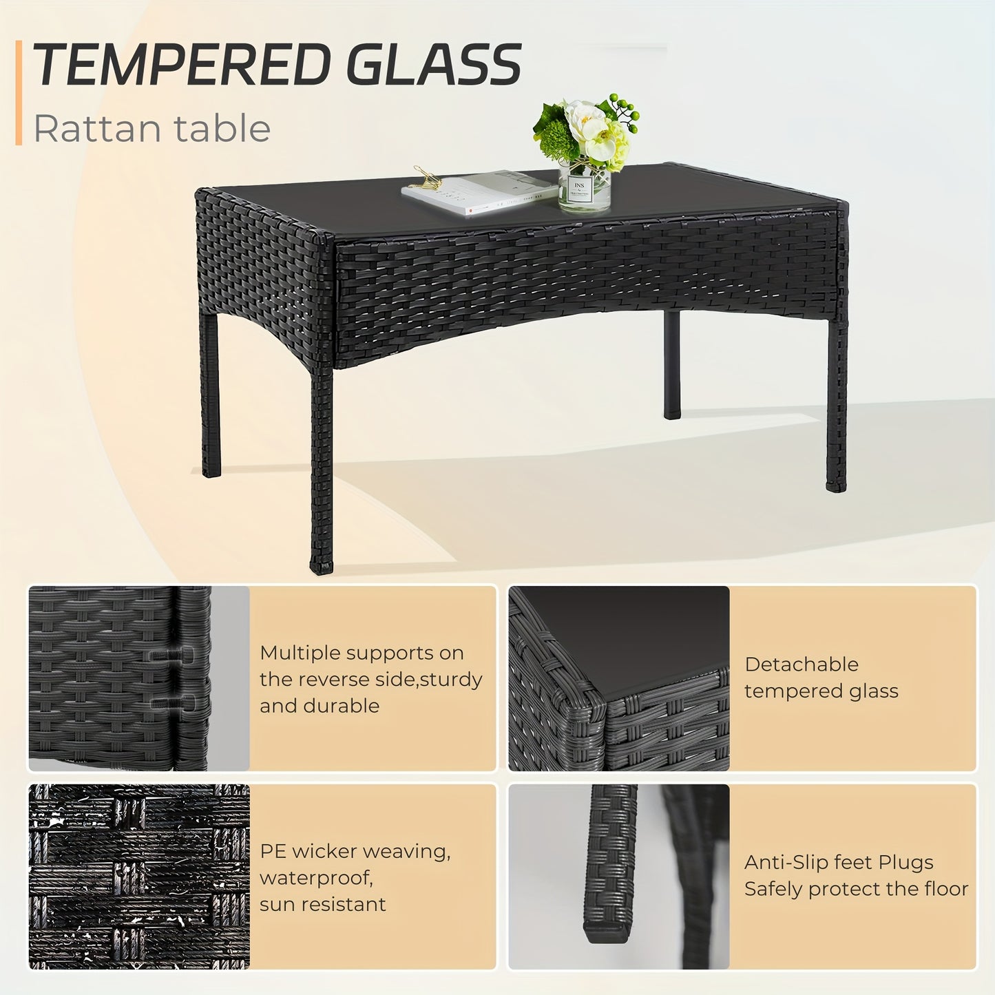 4pcs Outdoor Patio Furniture Sets, w/ Glass Coffee Table,