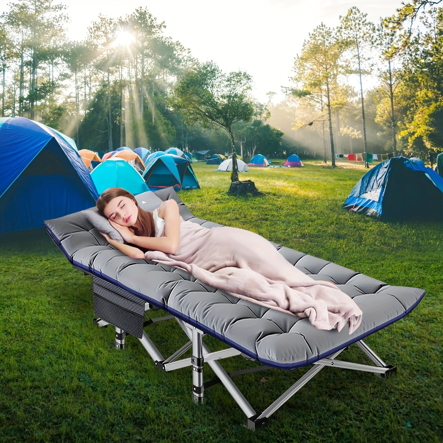 Folding Camping Cot Bed With 2-Side Mattress,
