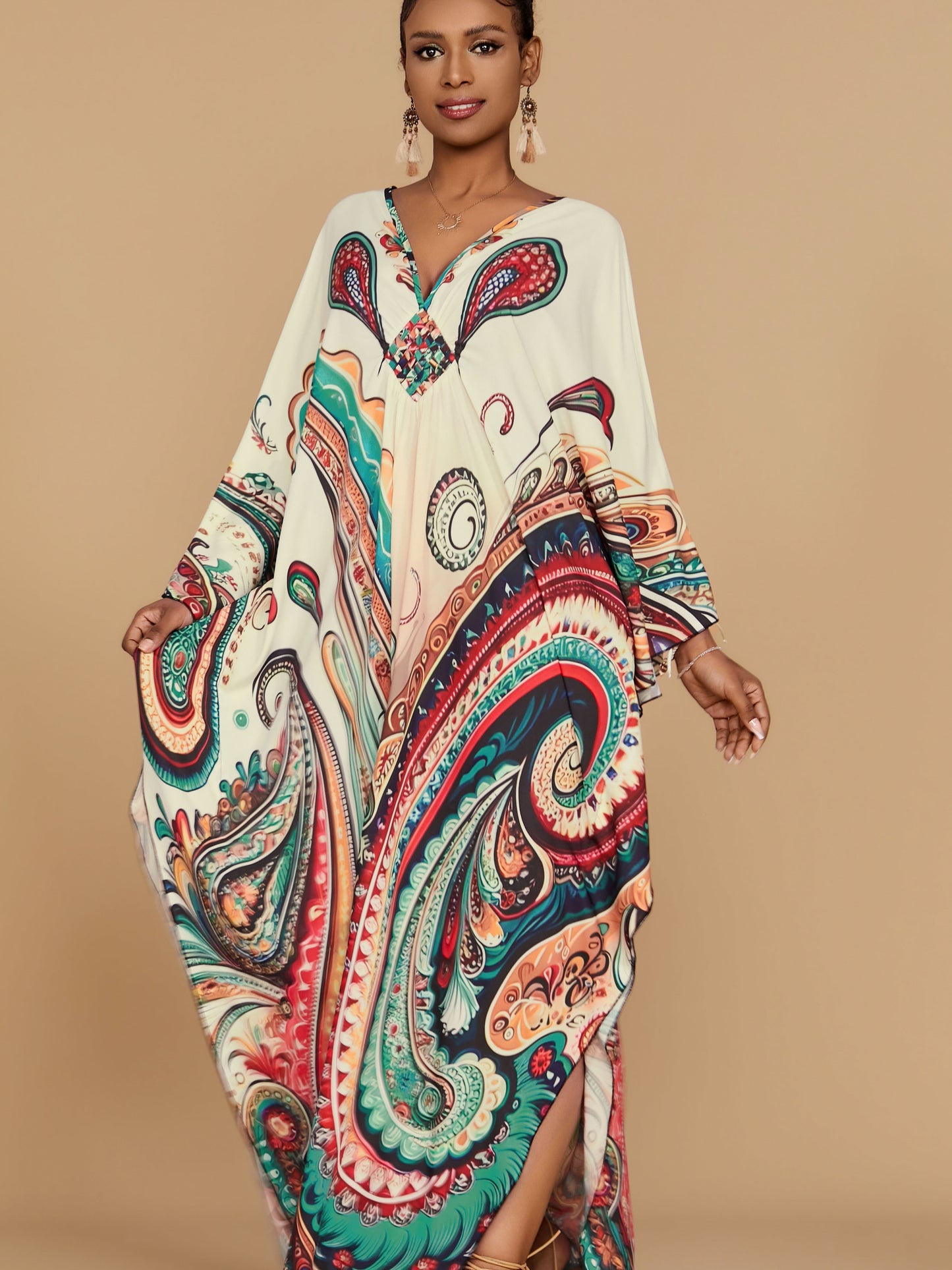 Women's V-Neck Long Sleeve Kaftan Dress - Floral Print.