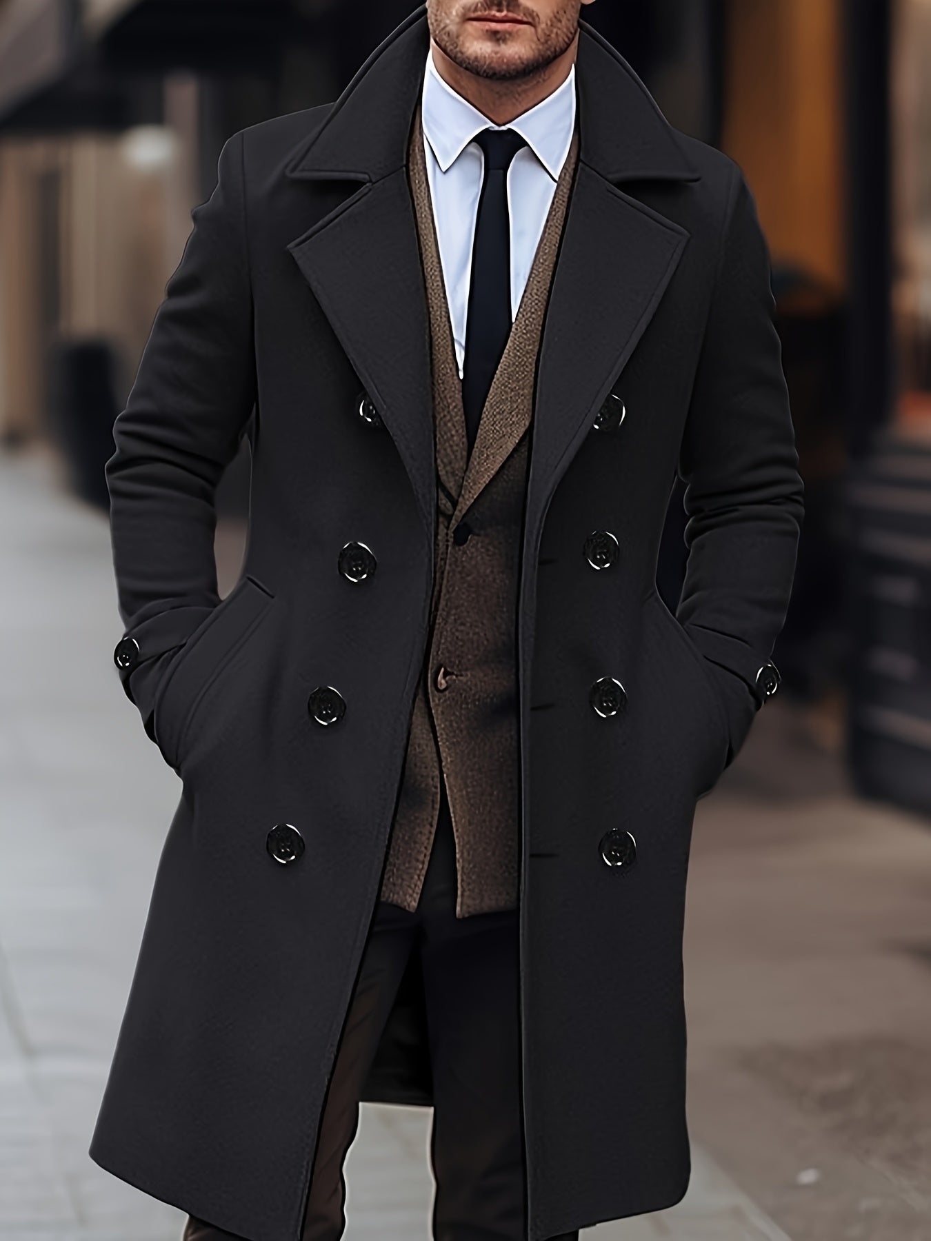 Men's Double Breasted Lapel Black & Earth Yellow Coat,