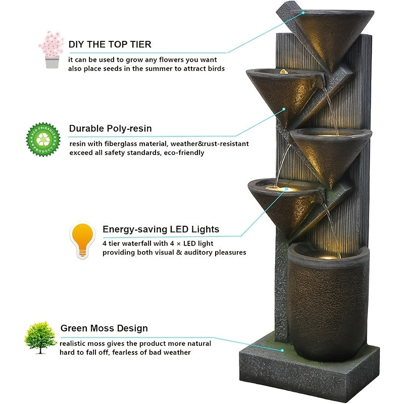49.6-Inch Tiered Bowl Outdoor Water Fountain with Lights