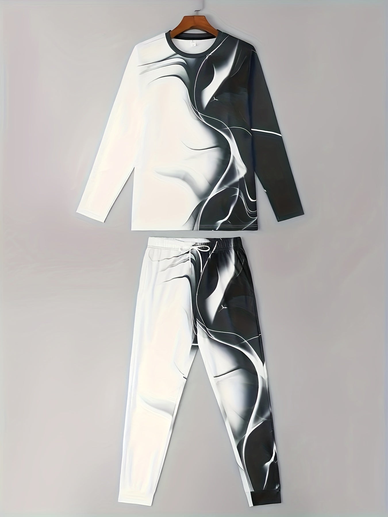 Black And White Men's Casual Crew Neck Long Sleeve T-Shirt And Drawstring Sweatpants