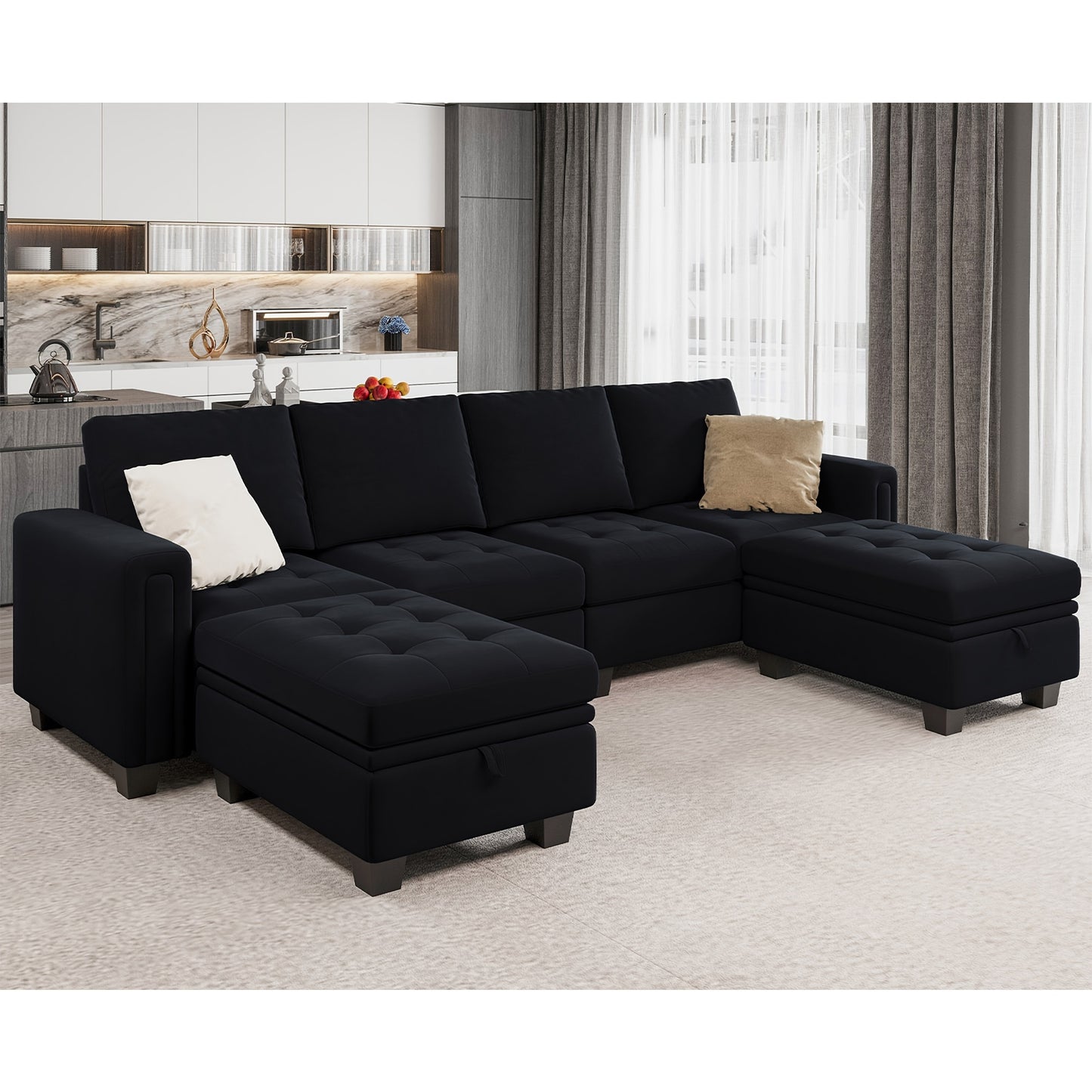 Velvet U-Shaped Convertible Sectional Sofa w/ Storage Ottomans