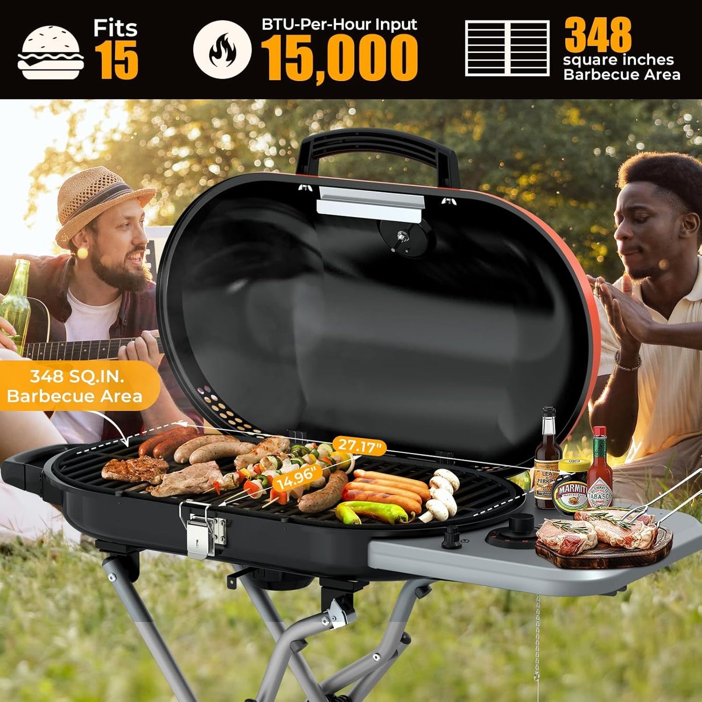 1pc 15,000 BTU Portable Propane Grill with Lid,