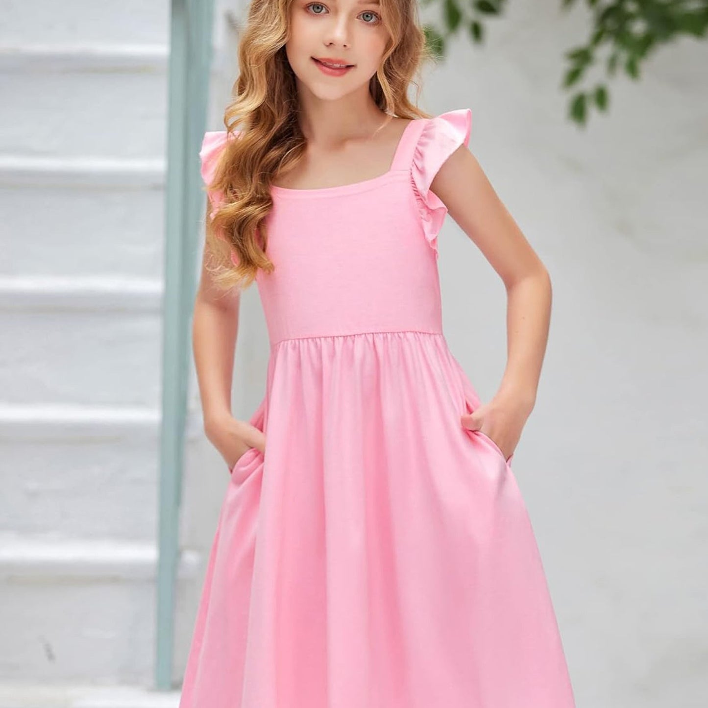 Girls Summer Midi Dress with Ruffle Sleeves and Pockets
