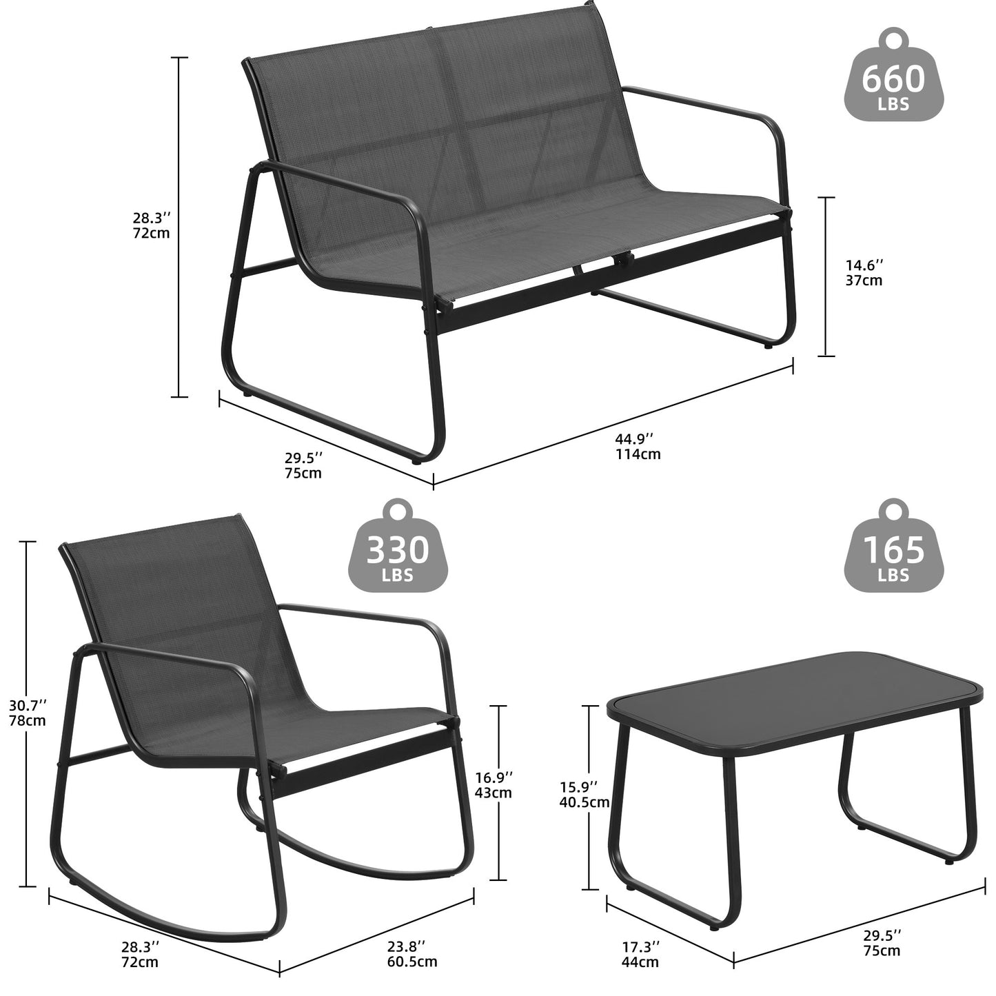 Patio Bistro Set: 4pcs Rocking Chairs, Glass Table.