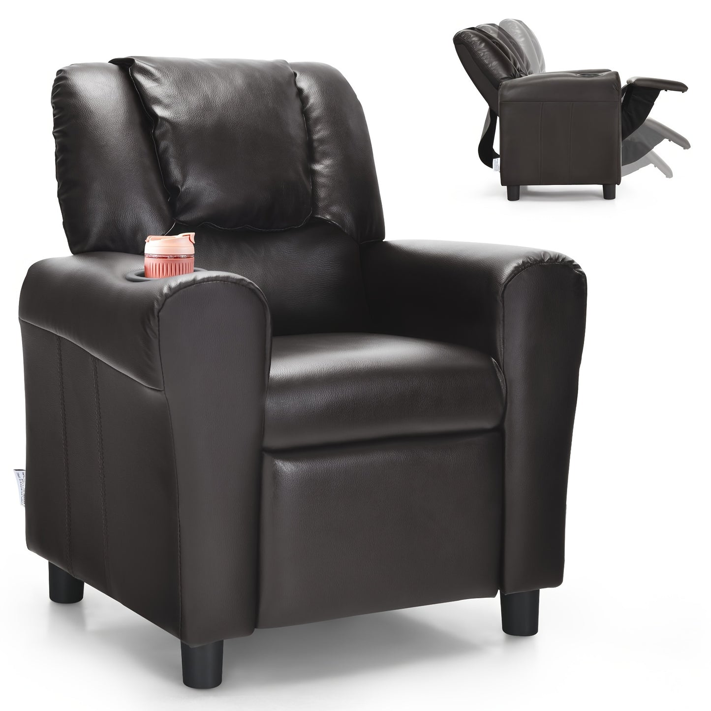Kids Recliner Chair PU Leather Armrest Sofa w/Footrest Cup Holder Brown