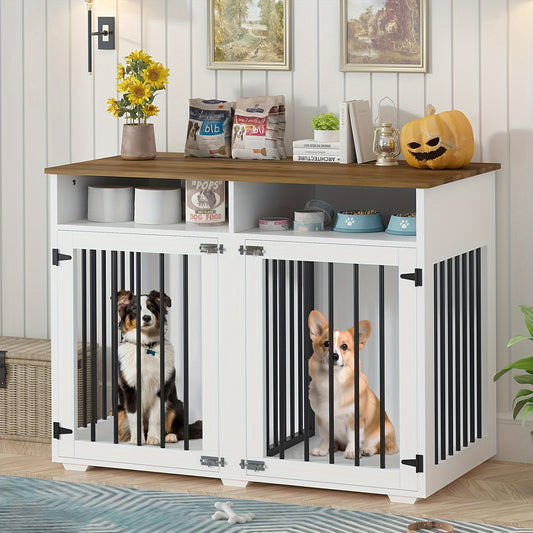 Farmhouse-Style Iron Dog Crate End Table with Divider.