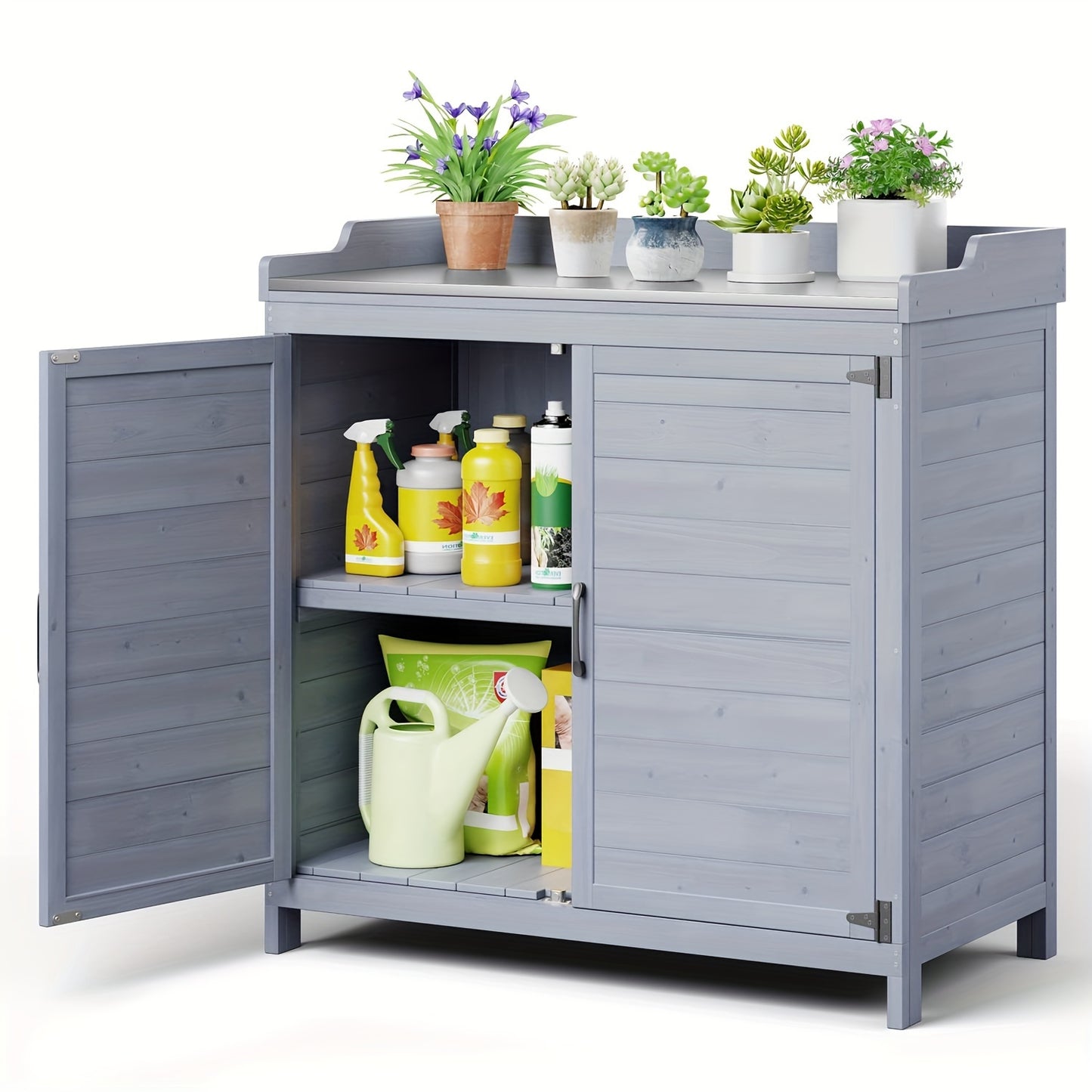 Outdoor Potting Bench Metal Tabletop, Adjustable Shelf, Work Station.