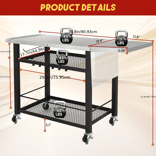Outdoor Grill Cart Table W/ 4 Wheels, With Foldable Side Table.