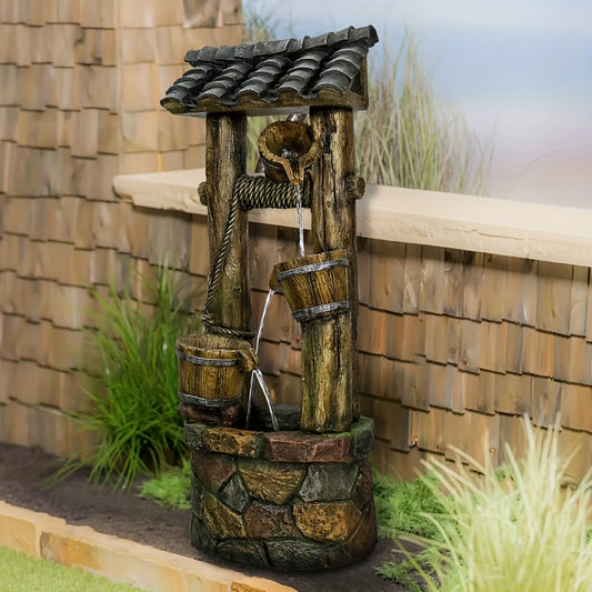 Rustic Wishing Well Water Fountain With Buckets, Pump & Lights.