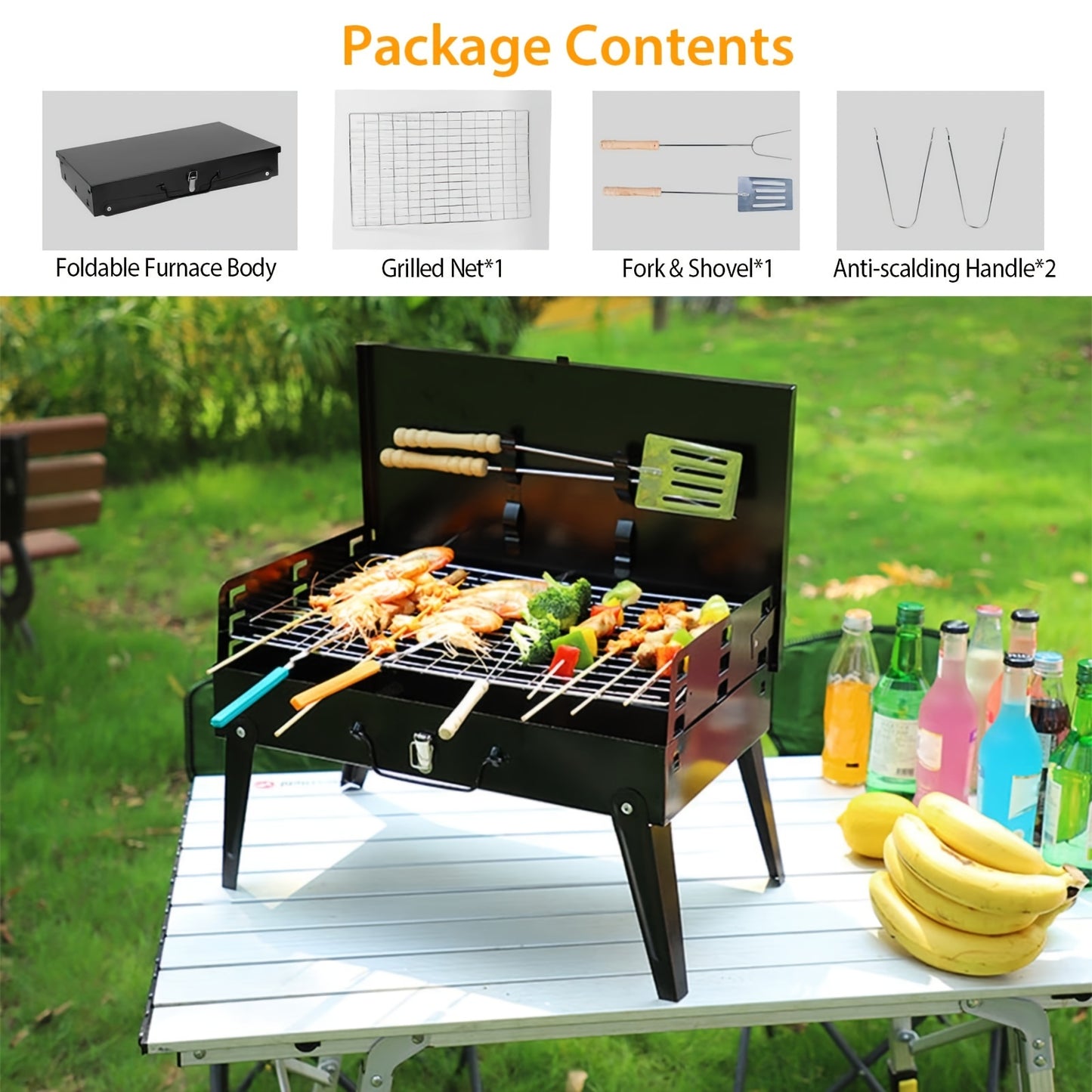 Small Portable Charcoal Grill, with Barbecue Accessories.