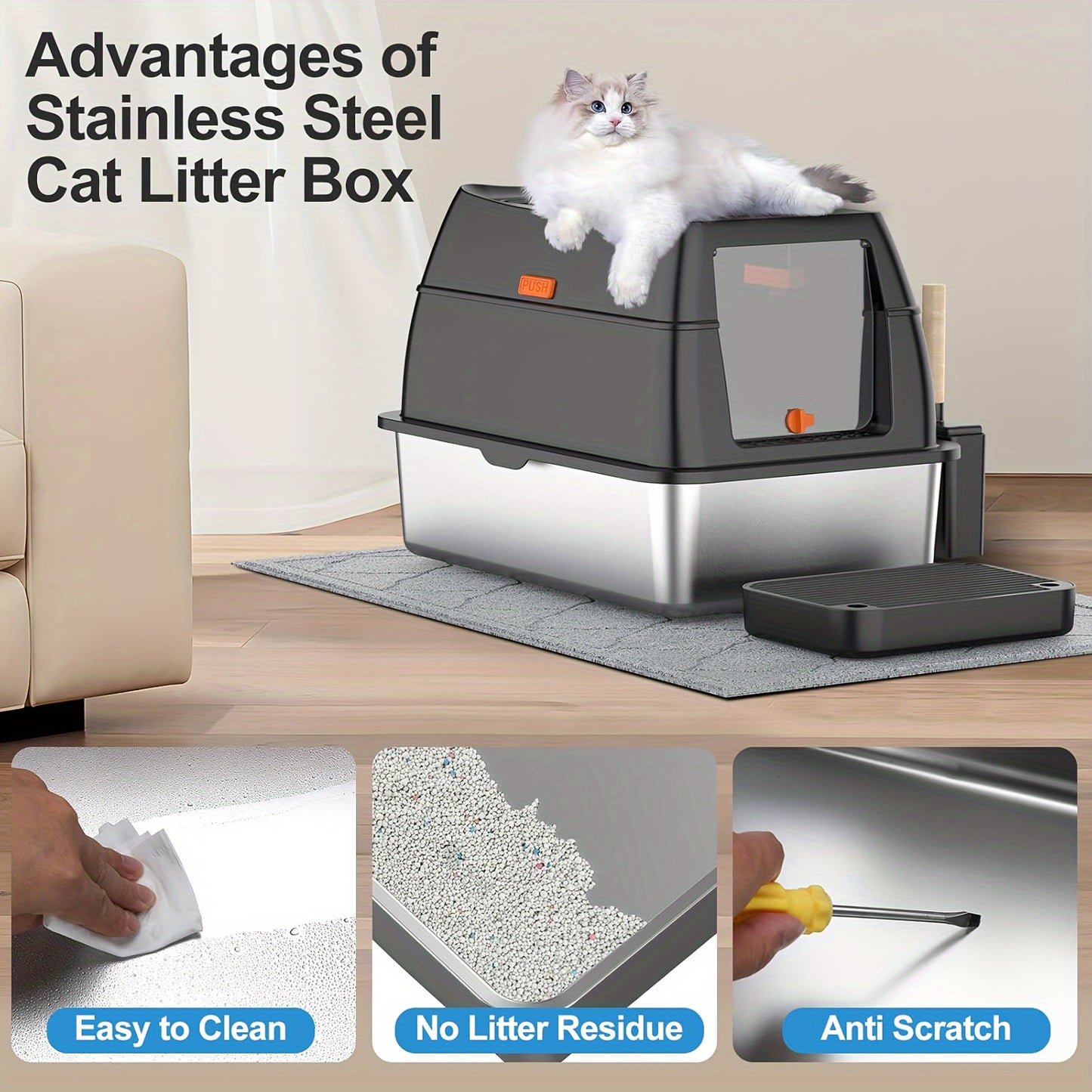 Extra-Large Stainless Steel Cat Litter Box with Lid - Dual Entry,