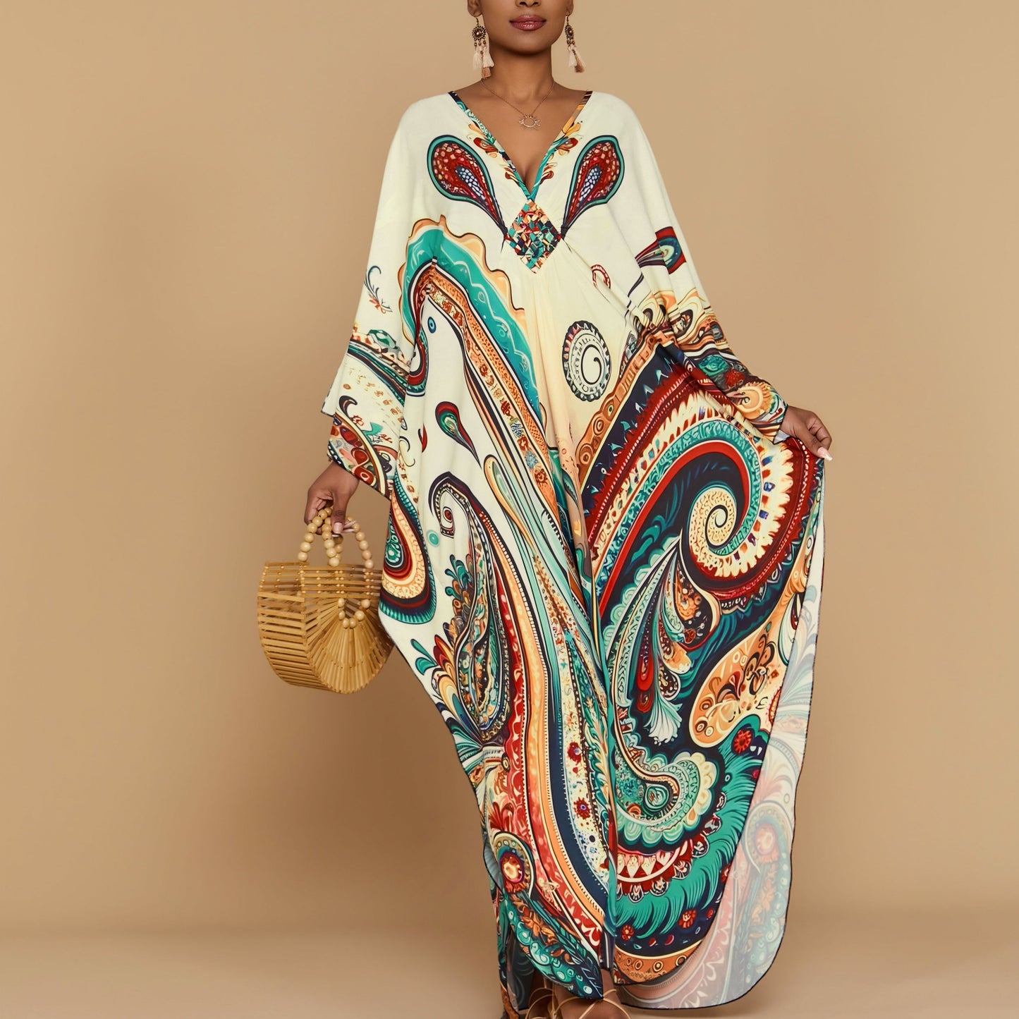 Women's V-Neck Long Sleeve Kaftan Dress - Floral Print.