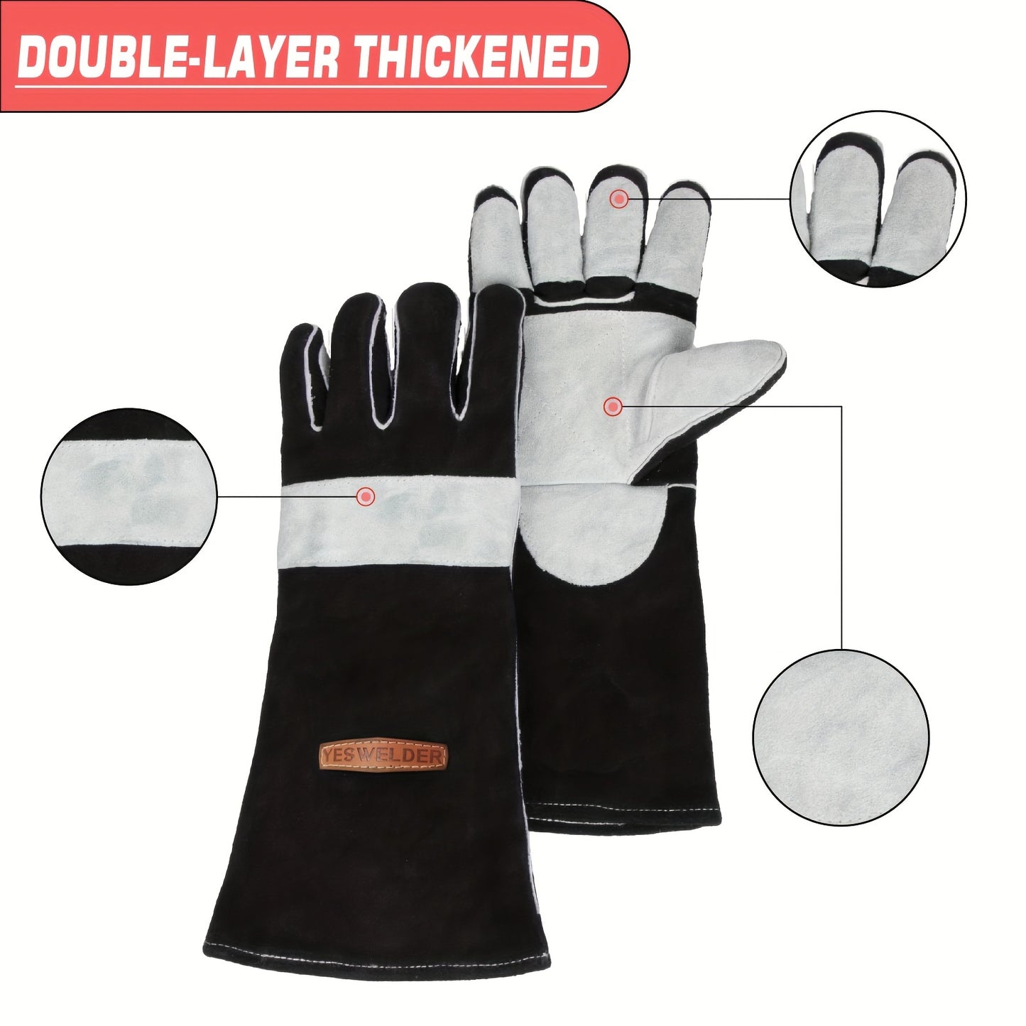 Heat Resistant Leather Work Gloves, BBQ, Kitchen