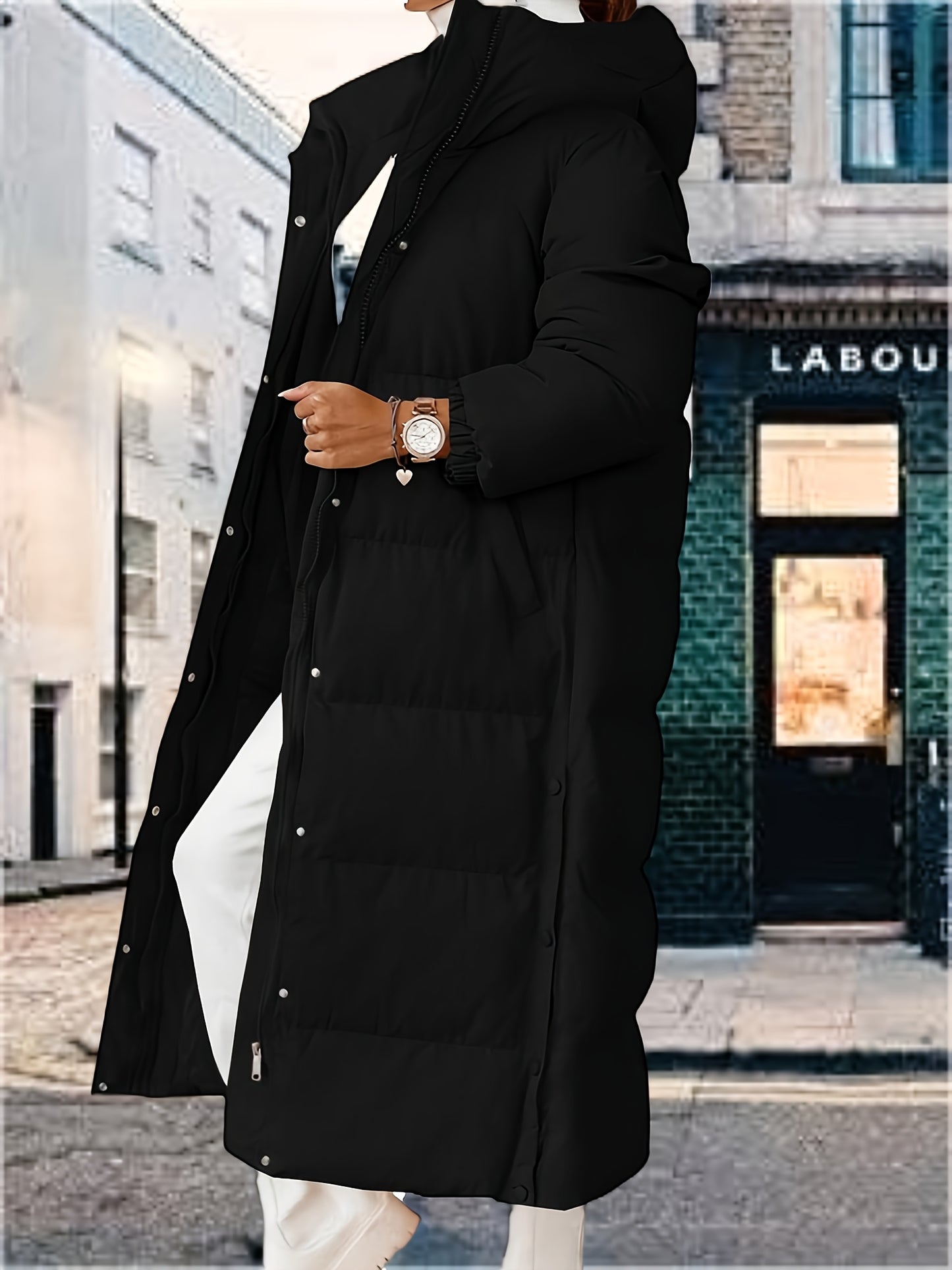 Women's Winter Long Coat Hooded. Long Sleeve Button Jacket.