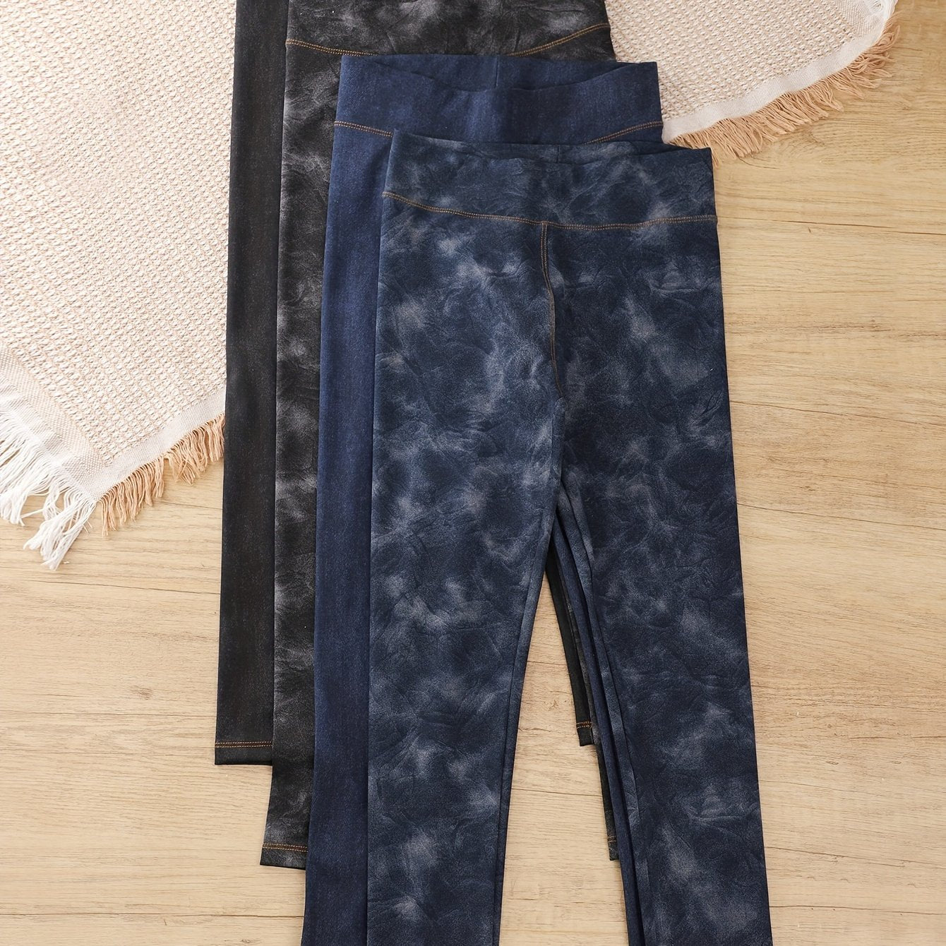 4pcs Girls Fashion Solid Color Snowflake Denim Print Leggings - Girls Aged 5-14.