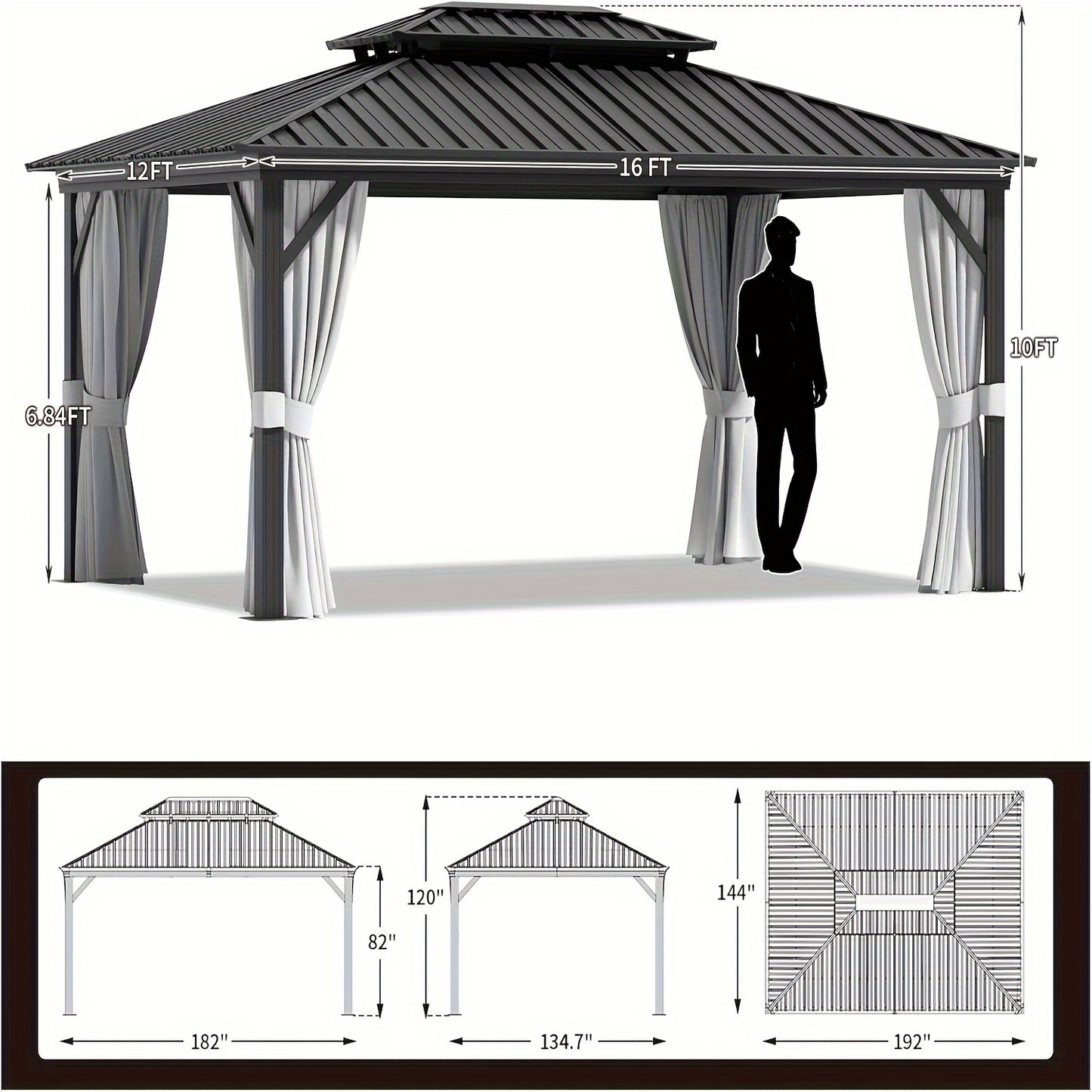 12FT X 16FT Galvanized Steel Hardtop Gazebo,