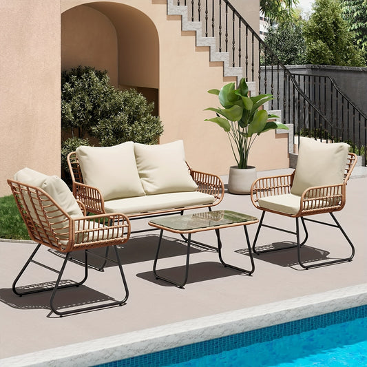 4-Piece Rattan Patio Furniture All-Weather Loveseat, Chairs, And Table.