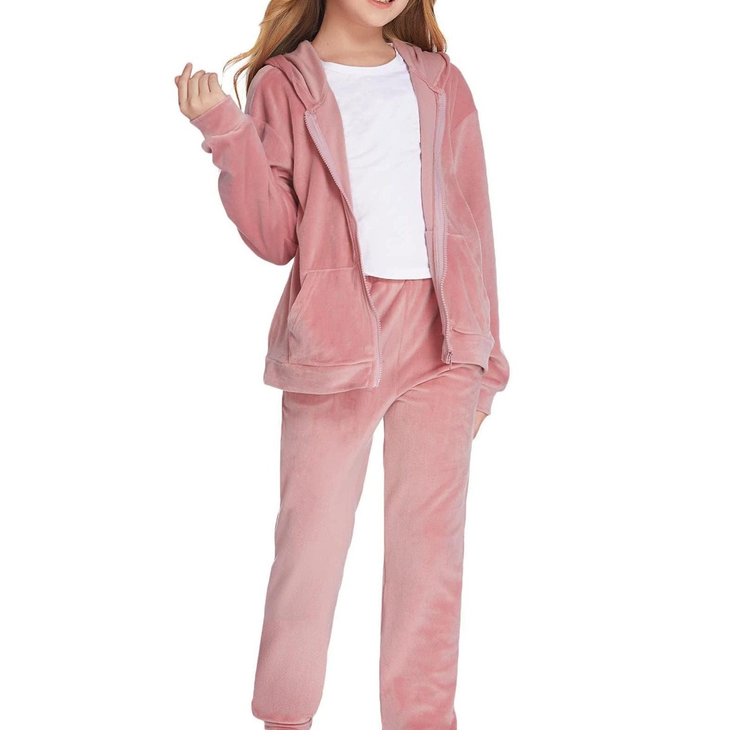 2pcs Adorable Girls' Autumn/Winter Solid Color Hoodie and Pants.