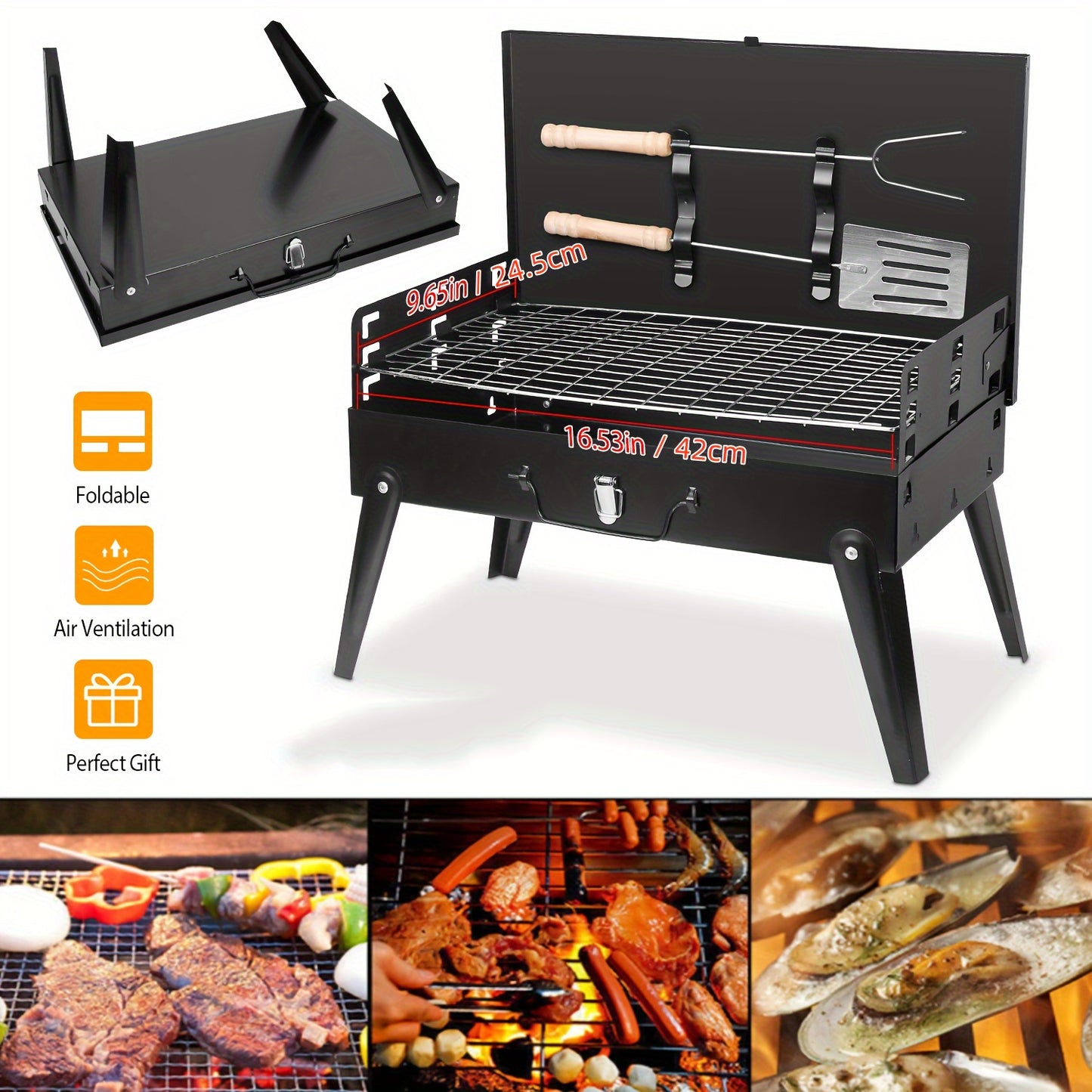 Small Portable Charcoal Grill, with Barbecue Accessories.