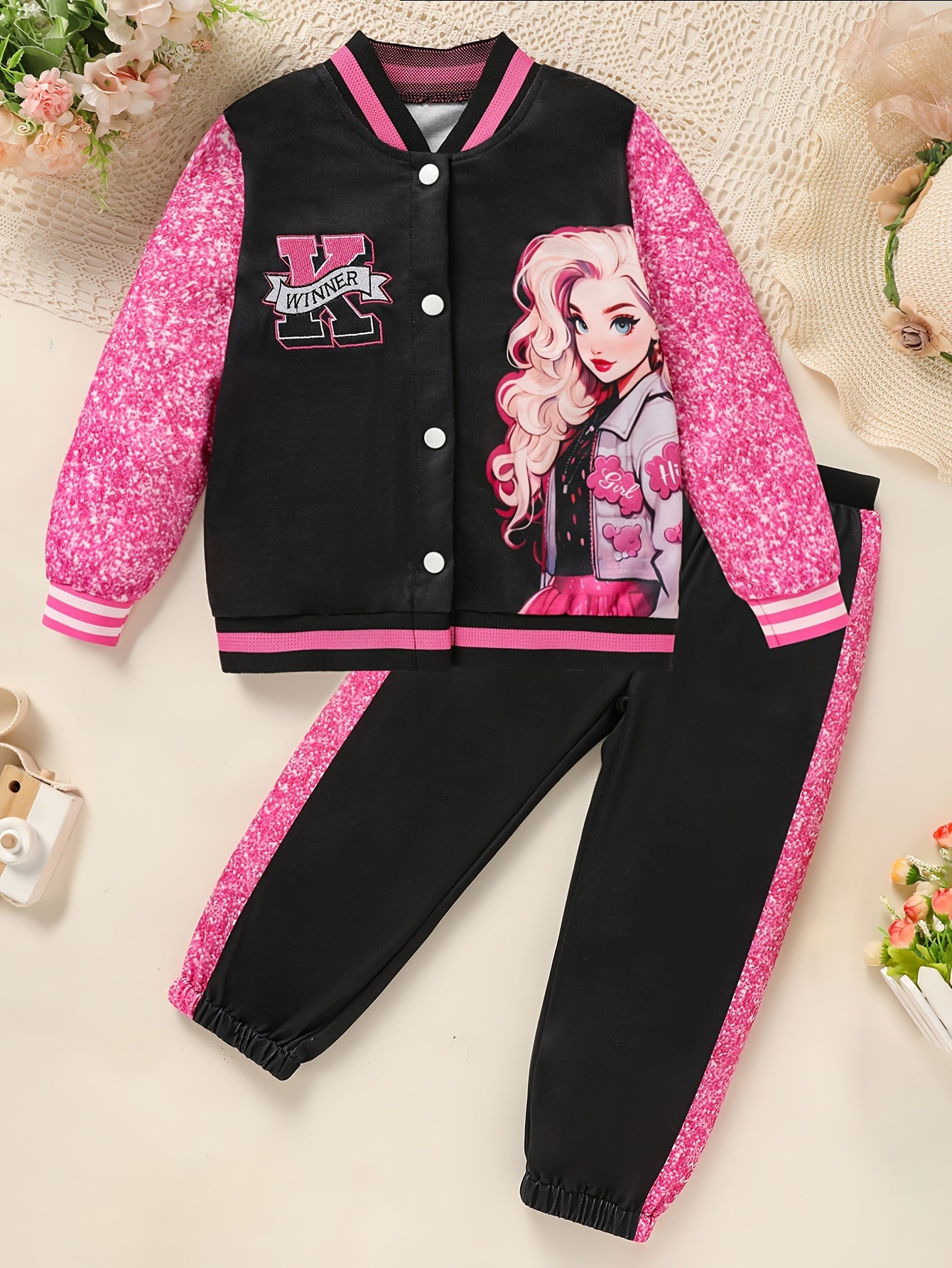 2-Piece Girl's Long Sleeve Baseball Jacket Pants Set.