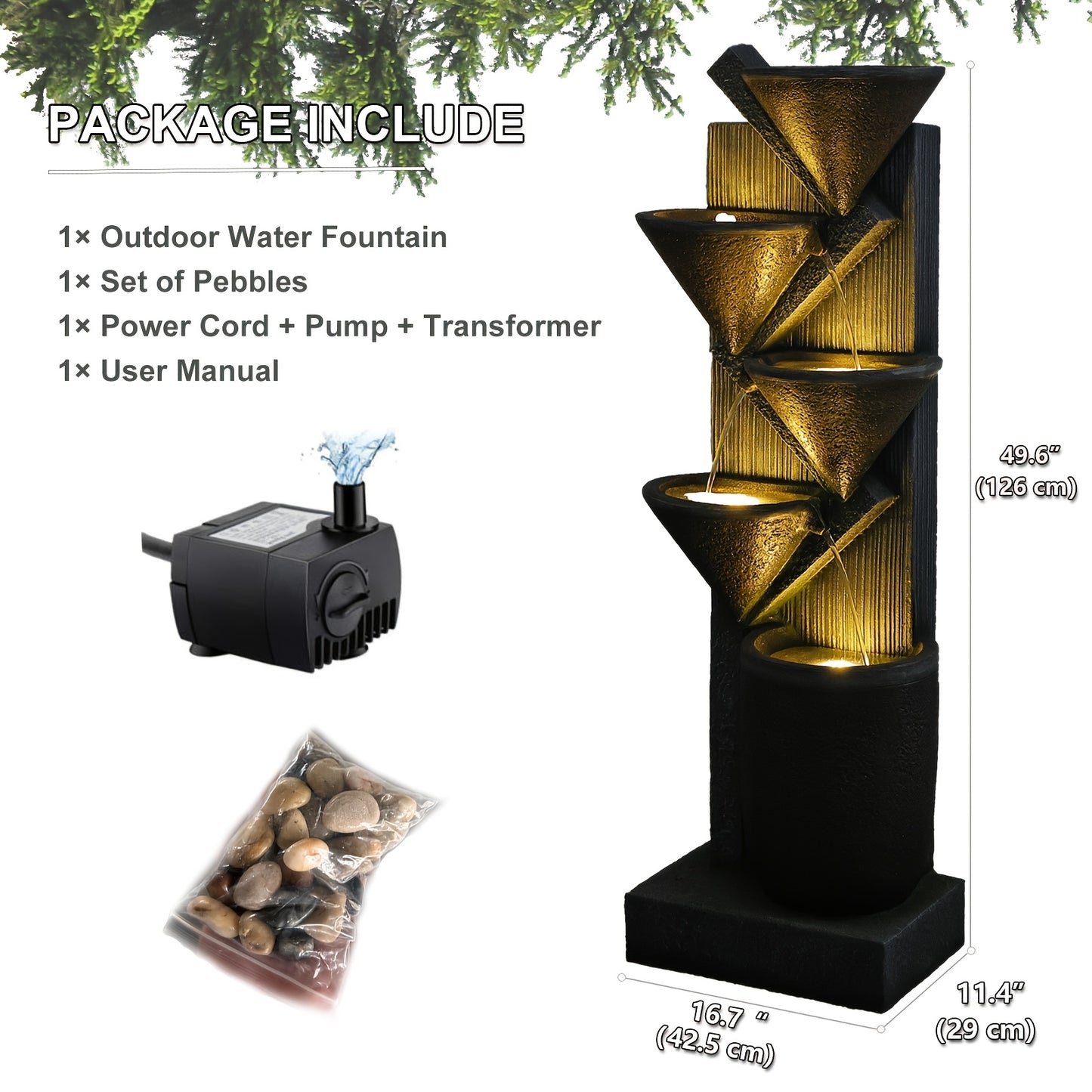 49.6-Inch Tiered Bowl Outdoor Water Fountain with Lights