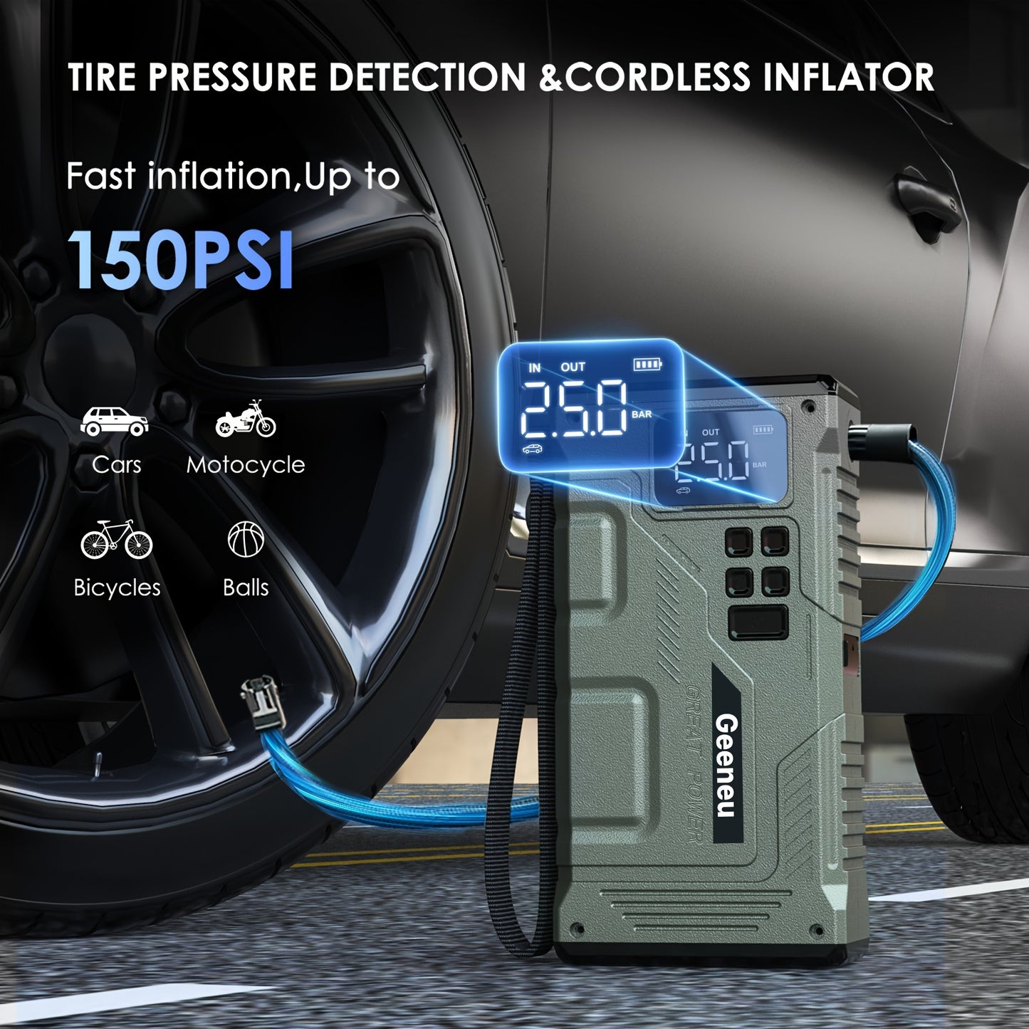 5000A Peak 150PSI Jump Starter With Air Compressor, Car Emergency.