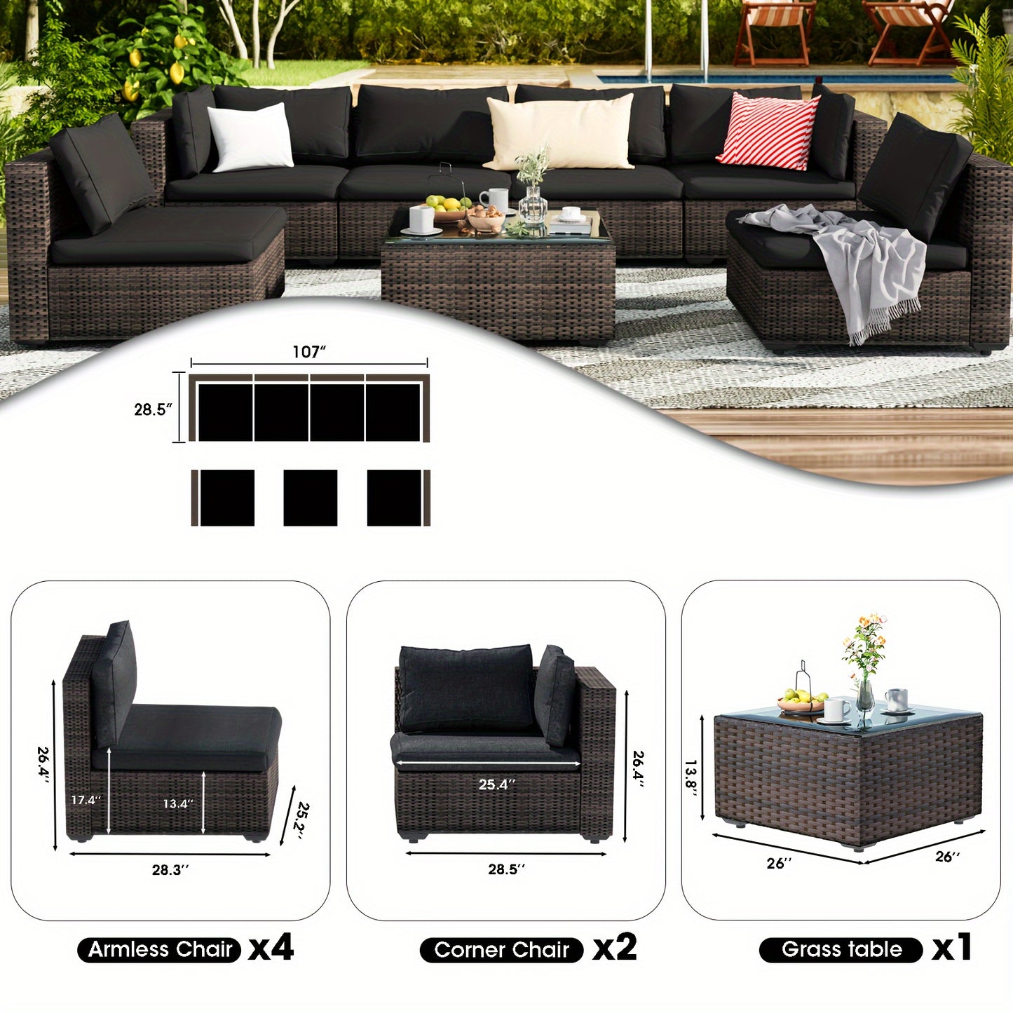 Outdoor Rattan Sectional Sofa Set With Cushions and Coffee Table