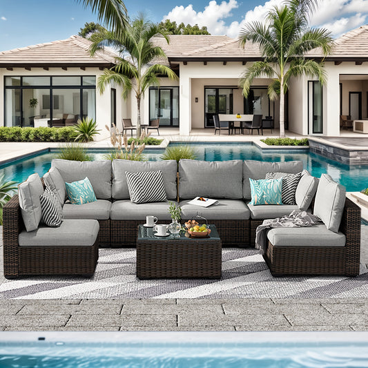 Outdoor Rattan Sectional Sofa Set With Cushions and Coffee Table