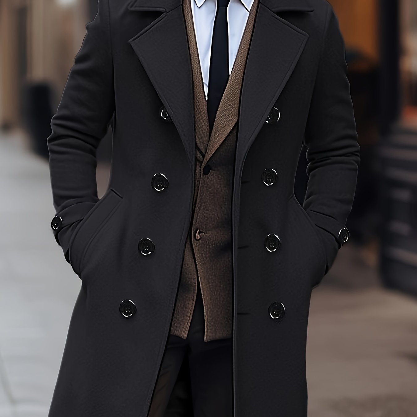 Men's Double Breasted Lapel Black & Earth Yellow Coat,