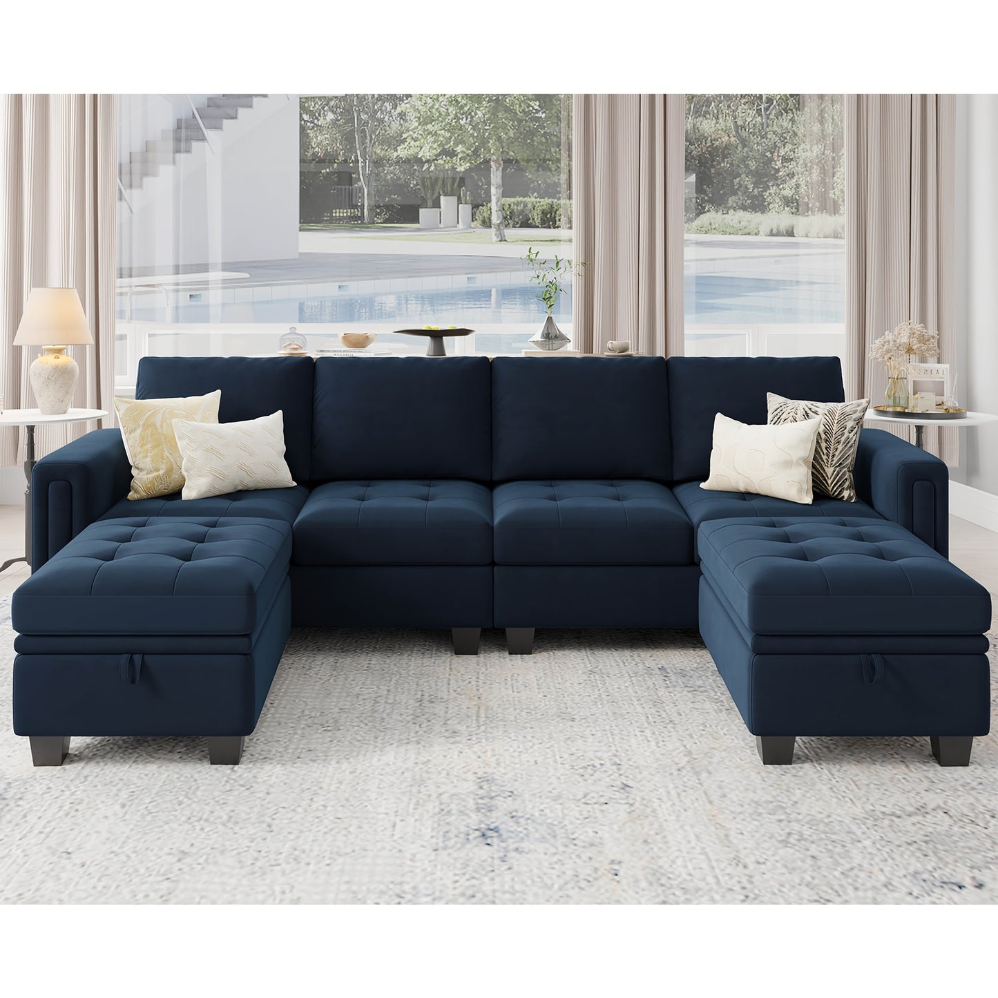 Velvet U-Shaped Convertible Sectional Sofa w/ Storage Ottomans