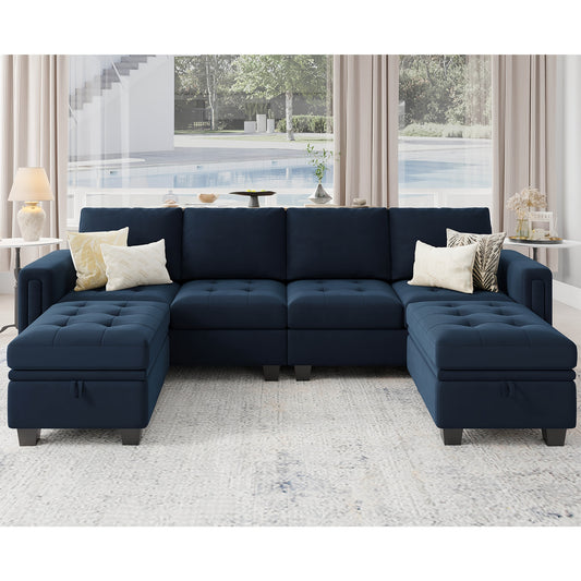 Velvet U-Shaped Convertible Sectional Sofa w/ Storage Ottomans