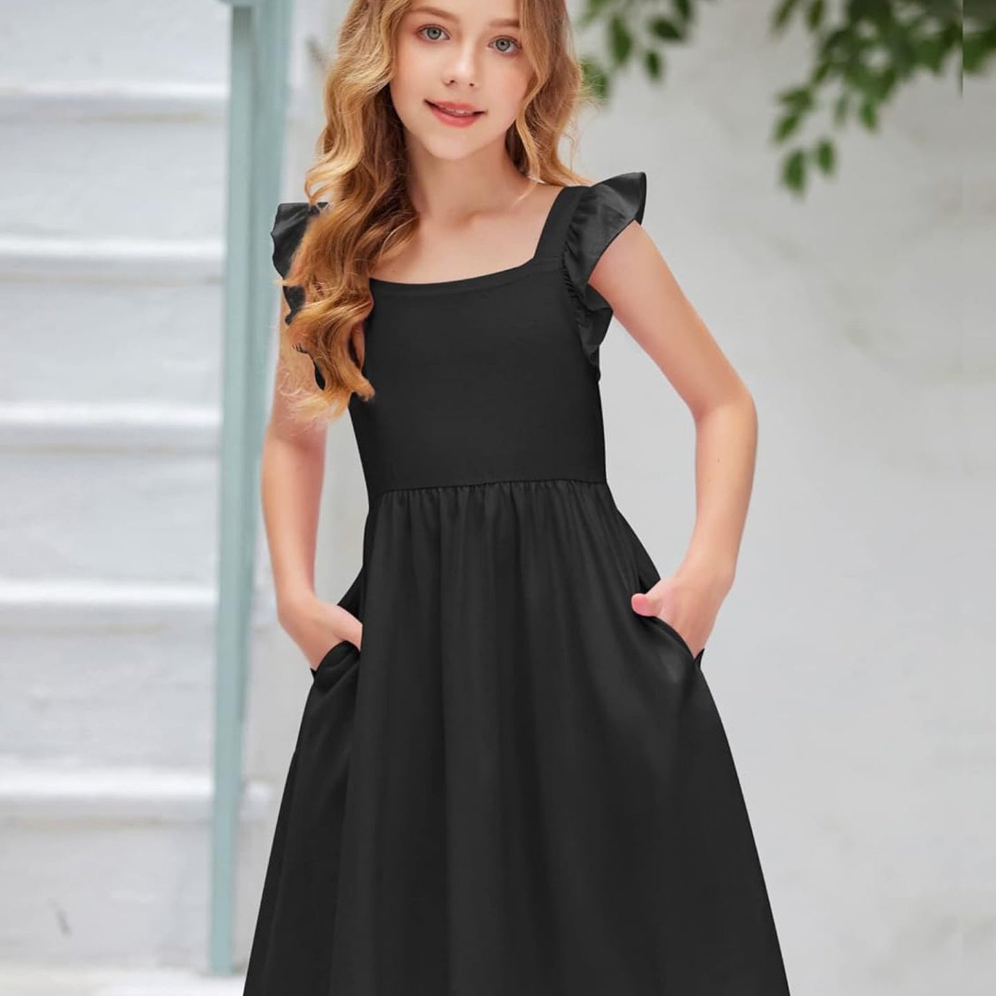 Girls Summer Midi Dress with Ruffle Sleeves and Pockets