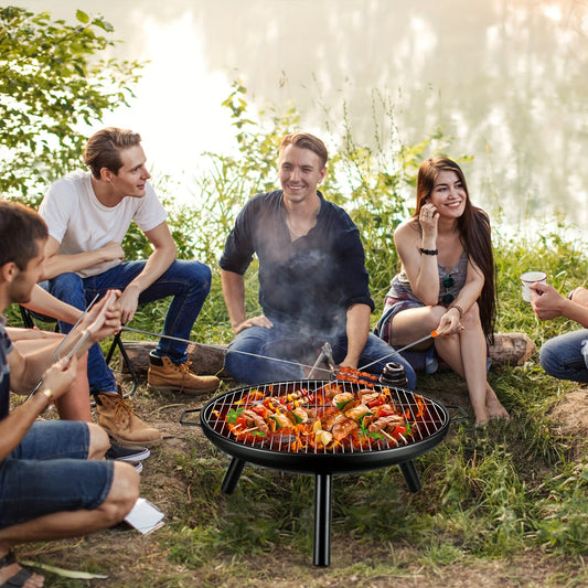 Steel Fire Bowl with Grill and 5 BBQ Skewers.