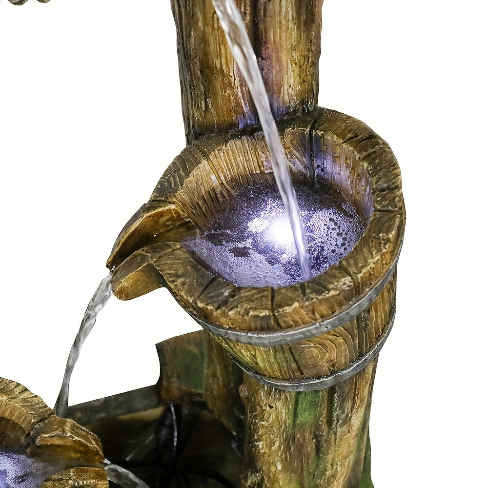 Rustic Wishing Well Water Fountain With Buckets, Pump & Lights.