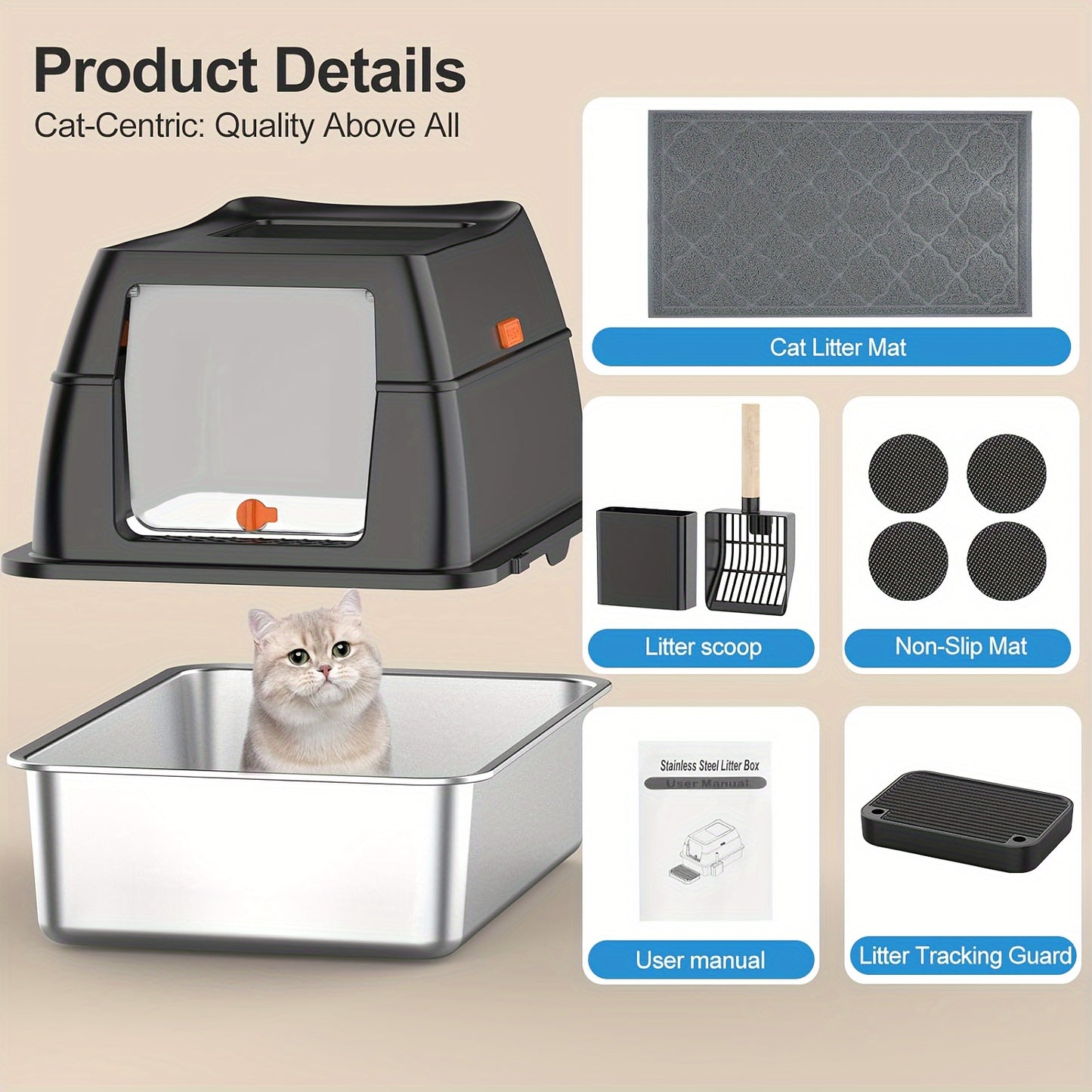 Extra-Large Stainless Steel Cat Litter Box with Lid - Dual Entry,